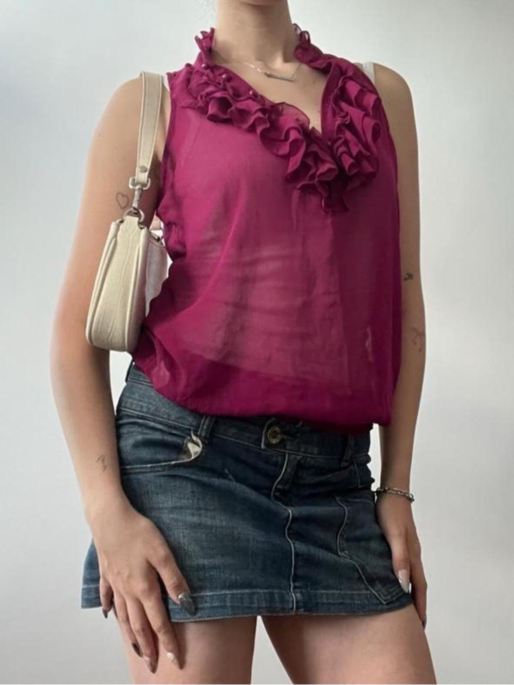 Size Small Y2K Dynamite Sheer Magenta Sleeveless Ruffled Blouse Top